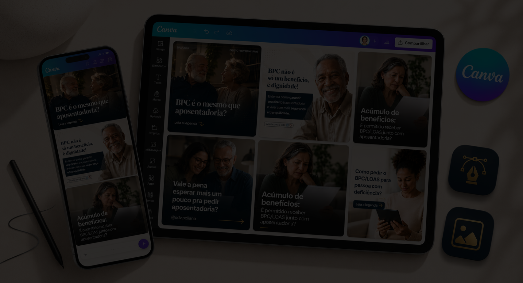 Artes do pacote sendo editadas no Canva, em tablet e celular